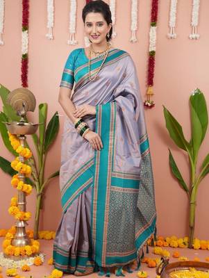 Purple ethnic motifs zari silk blend banarasi saree 1