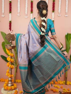 Purple ethnic motifs zari silk blend banarasi saree 3