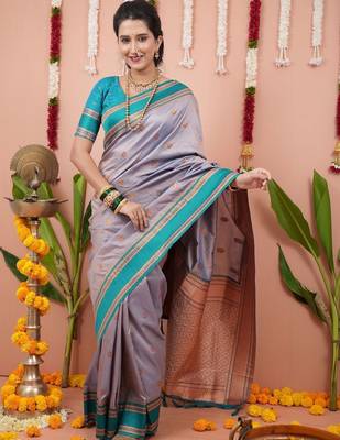 Purple ethnic motifs zari silk blend banarasi saree 4