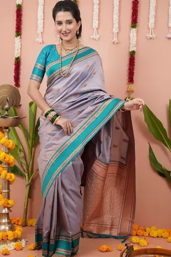 Purple ethnic motifs zari silk blend banarasi saree