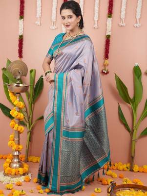Purple ethnic motifs zari silk blend banarasi saree 5