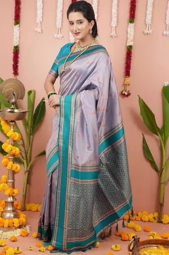 Purple ethnic motifs zari silk blend banarasi saree