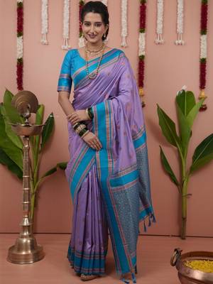 Purple woven design zari silk blend banarasi saree 1