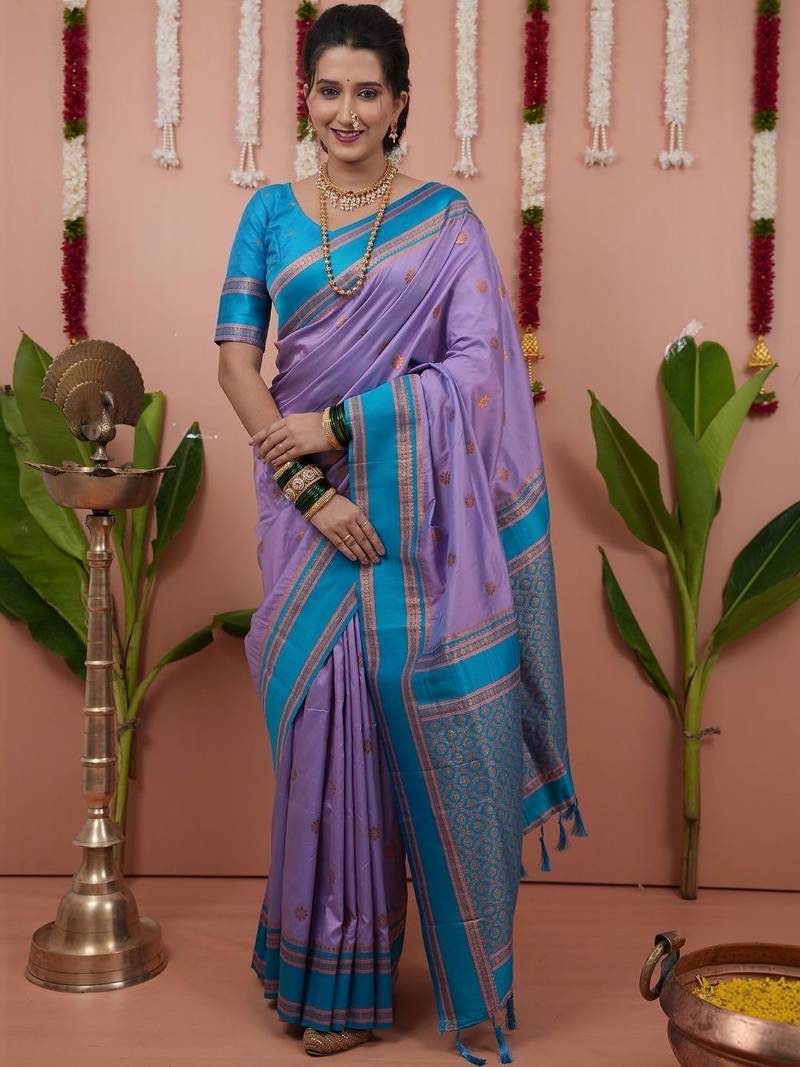 Purple woven design zari silk blend banarasi saree