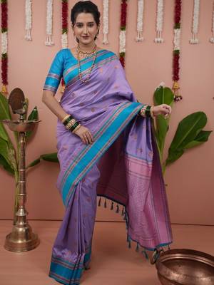 Purple woven design zari silk blend banarasi saree 4
