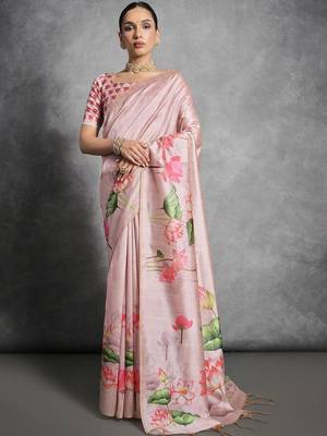 Pink floral silk cotton tussar saree 1
