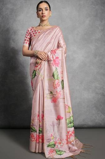 Pink floral silk cotton tussar saree