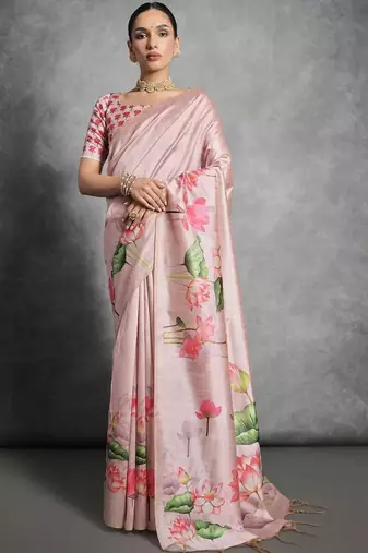 Pink floral silk cotton tussar saree