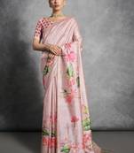 Pink floral silk cotton tussar saree