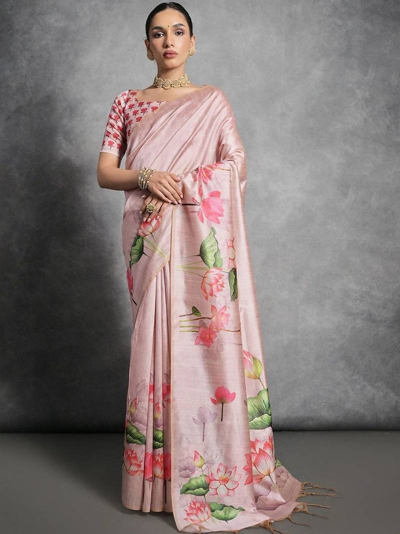 Pink floral silk cotton tussar saree