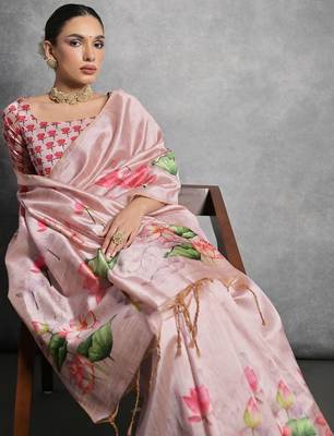 Pink floral silk cotton tussar saree 2