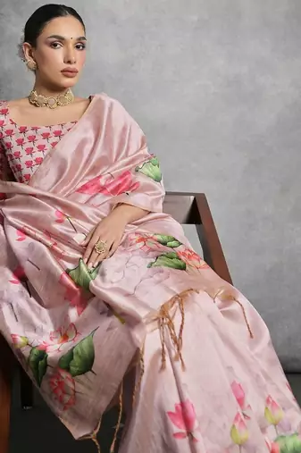 Pink floral silk cotton tussar saree