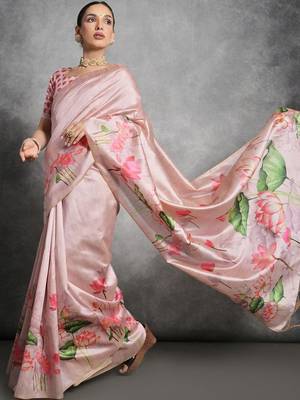 Pink floral silk cotton tussar saree 3