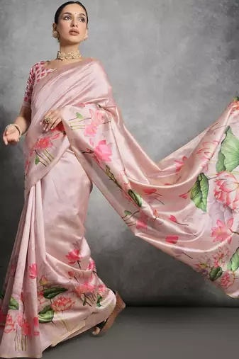 Pink floral silk cotton tussar saree