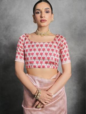 Pink floral silk cotton tussar saree 4