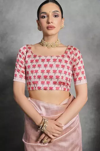 Pink floral silk cotton tussar saree