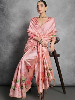 Pink floral silk cotton designer tussar saree 1