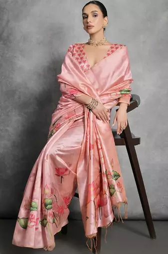 Pink floral silk cotton designer tussar saree