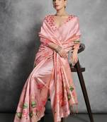 Pink floral silk cotton designer tussar saree