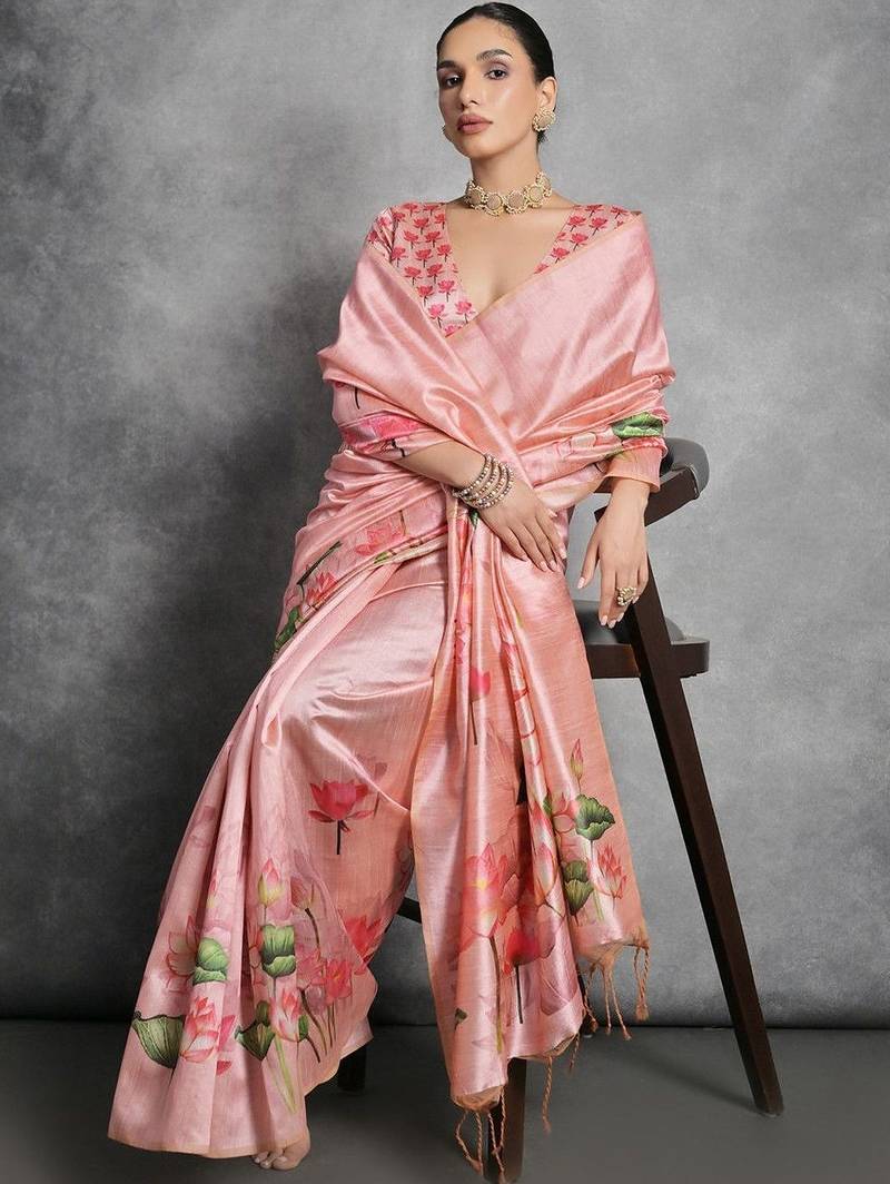Pink floral silk cotton designer tussar saree