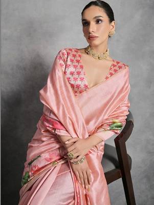 Pink floral silk cotton designer tussar saree 2