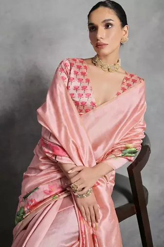 Pink floral silk cotton designer tussar saree