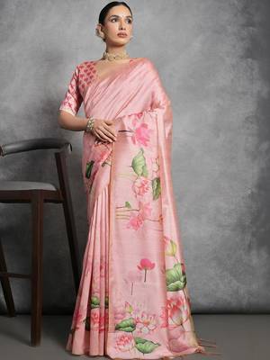 Pink floral silk cotton designer tussar saree 3
