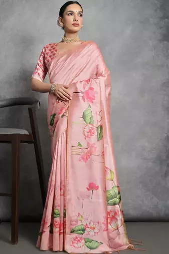 Pink floral silk cotton designer tussar saree