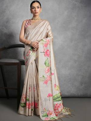 Beige floral silk cotton designer tussar saree 1