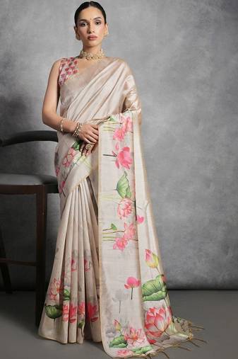 Beige floral silk cotton designer tussar saree