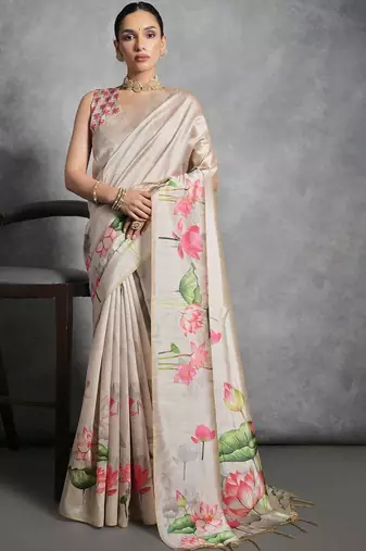 Beige floral silk cotton designer tussar saree