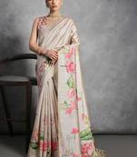 Beige floral silk cotton designer tussar saree