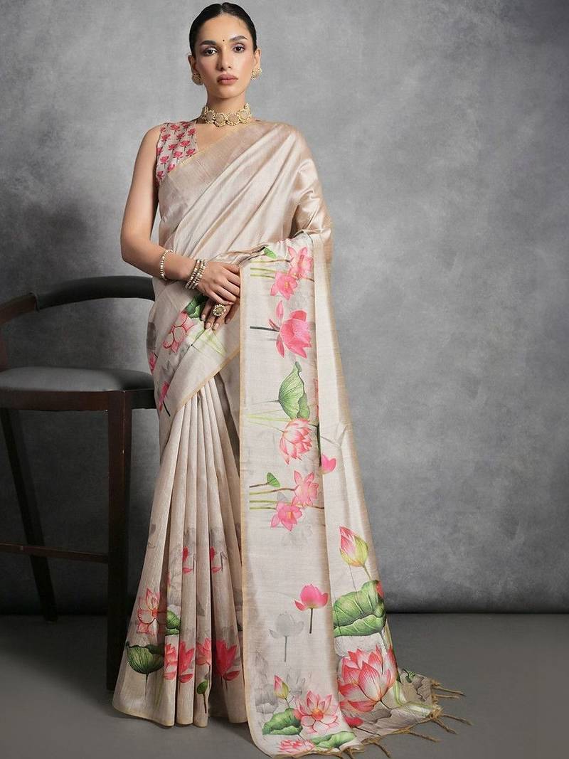 Beige floral silk cotton designer tussar saree