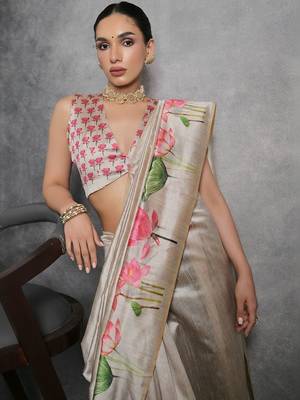 Beige floral silk cotton designer tussar saree 2