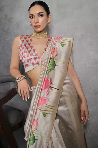 Beige floral silk cotton designer tussar saree