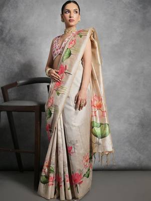 Beige floral silk cotton designer tussar saree 3