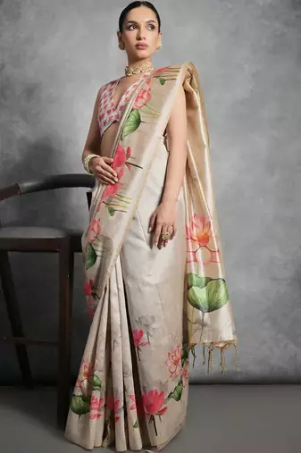 Beige floral silk cotton designer tussar saree