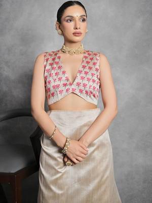 Beige floral silk cotton designer tussar saree 4