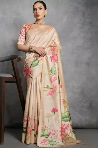 Beige floral silk cotton tussar saree