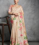 Beige floral silk cotton tussar saree