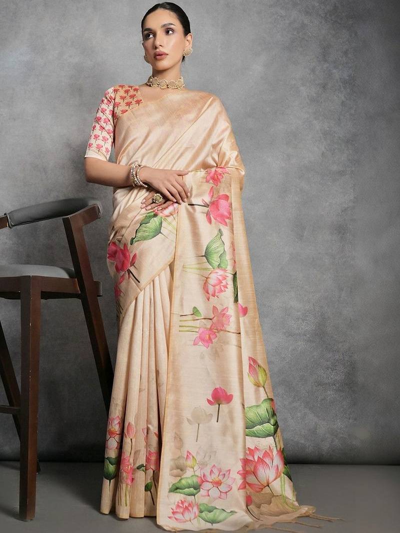 Beige floral silk cotton tussar saree