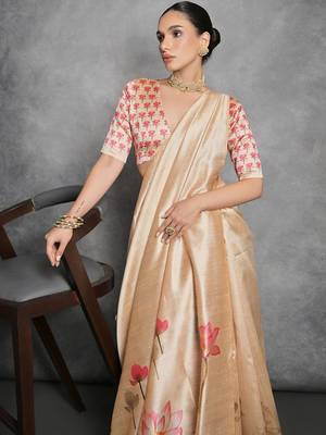 Beige floral silk cotton tussar saree 2