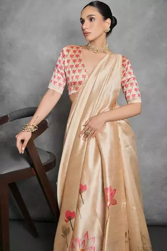 Beige floral silk cotton tussar saree