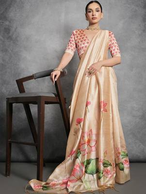 Beige floral silk cotton tussar saree 3