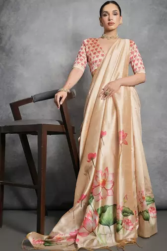Beige floral silk cotton tussar saree