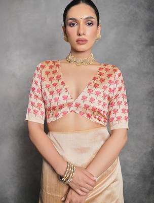 Beige floral silk cotton tussar saree 4