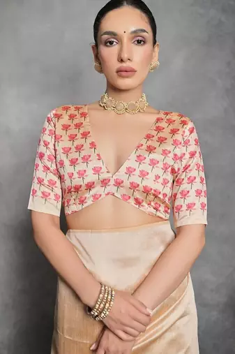 Beige floral silk cotton tussar saree
