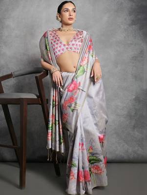 Silver floral silk cotton designer tussar saree 1