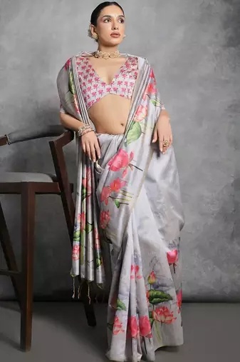 Silver floral silk cotton designer tussar saree