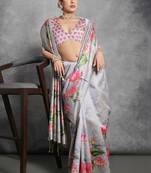 Silver floral silk cotton designer tussar saree